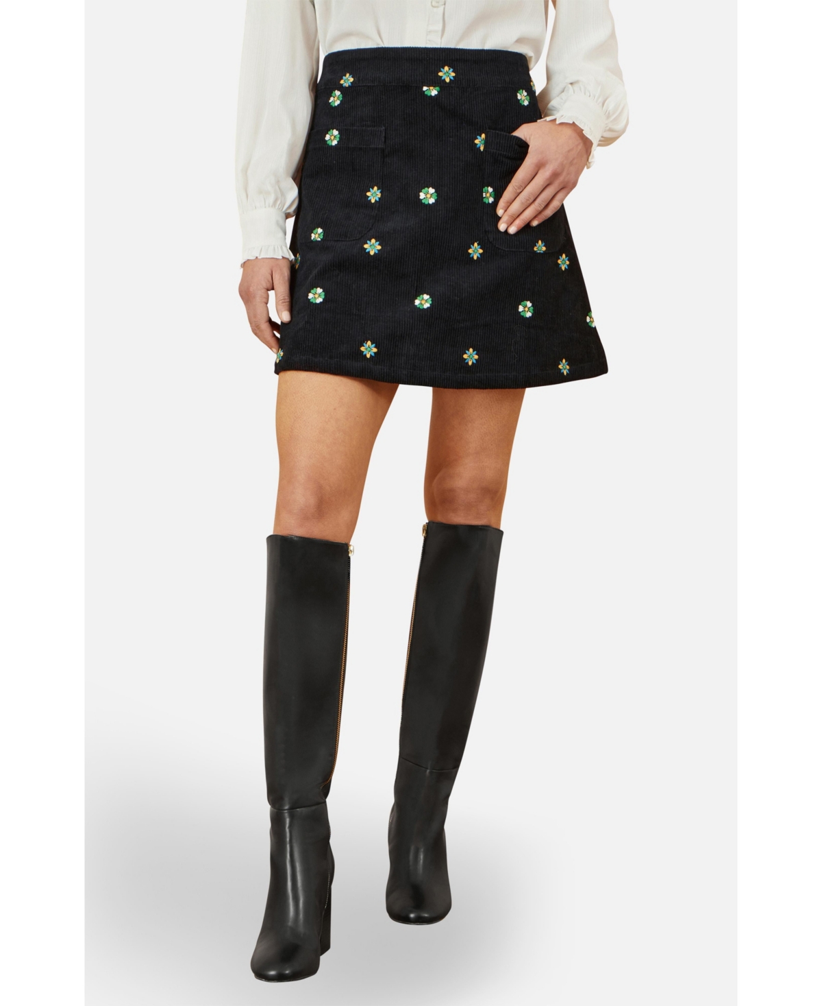 Yumi Women's Flower Embroidered Cord Mini Skirt - Black