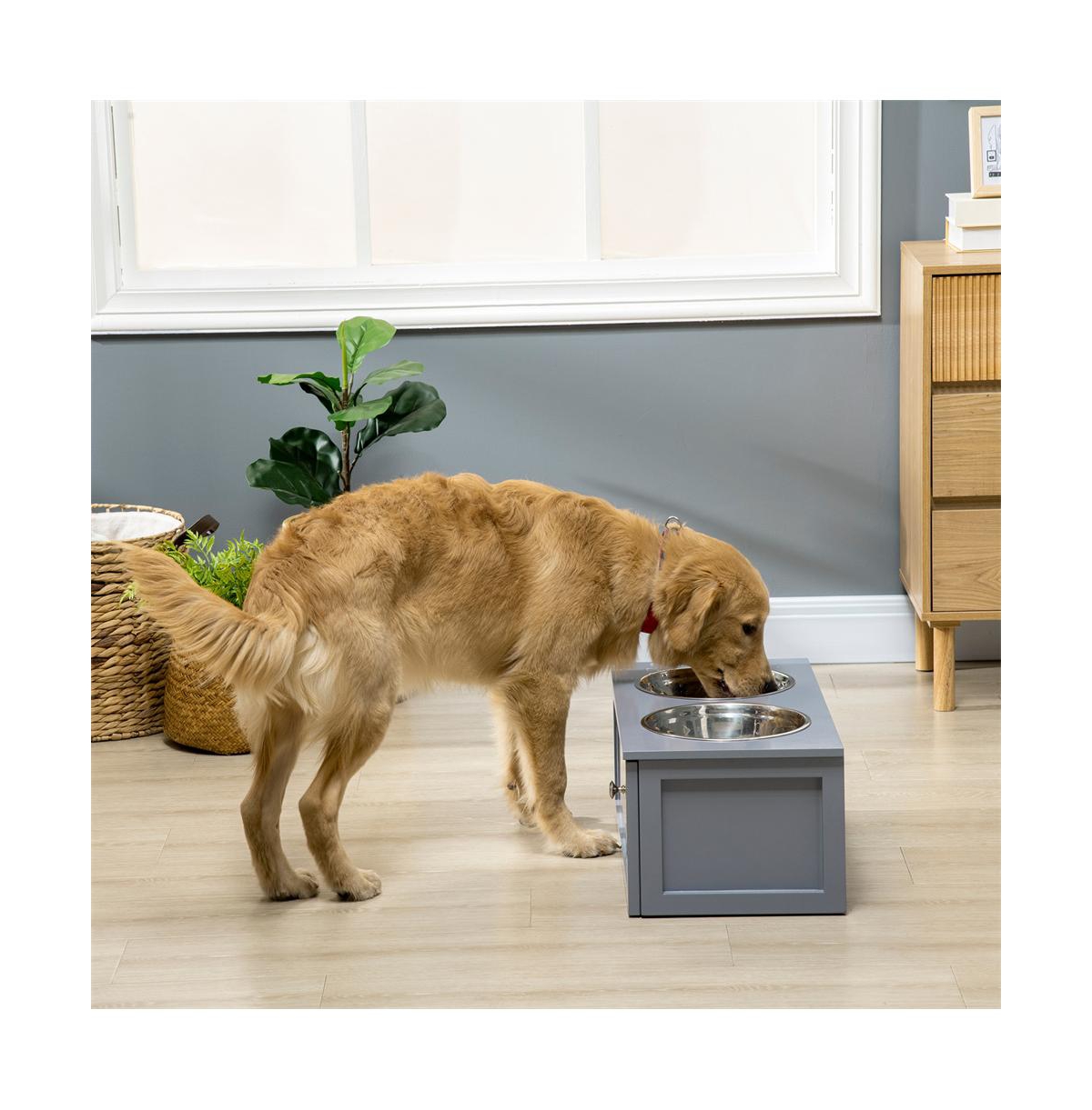 Aostirmotor 23.6 x 11.8 x 9.4 Gray Elevated Dog Bowls Raised Bowl Stand Storage 2 Stainless Steel Bowls