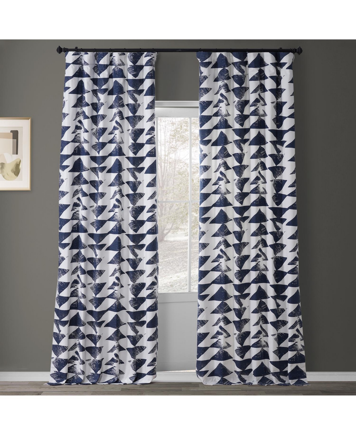 Half Price Drapes Triad Indigo Geometric Printed Cotton Room Darkening Curtain
