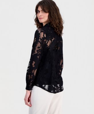 Women's Collared Floral-Lace Button-Front Shirt