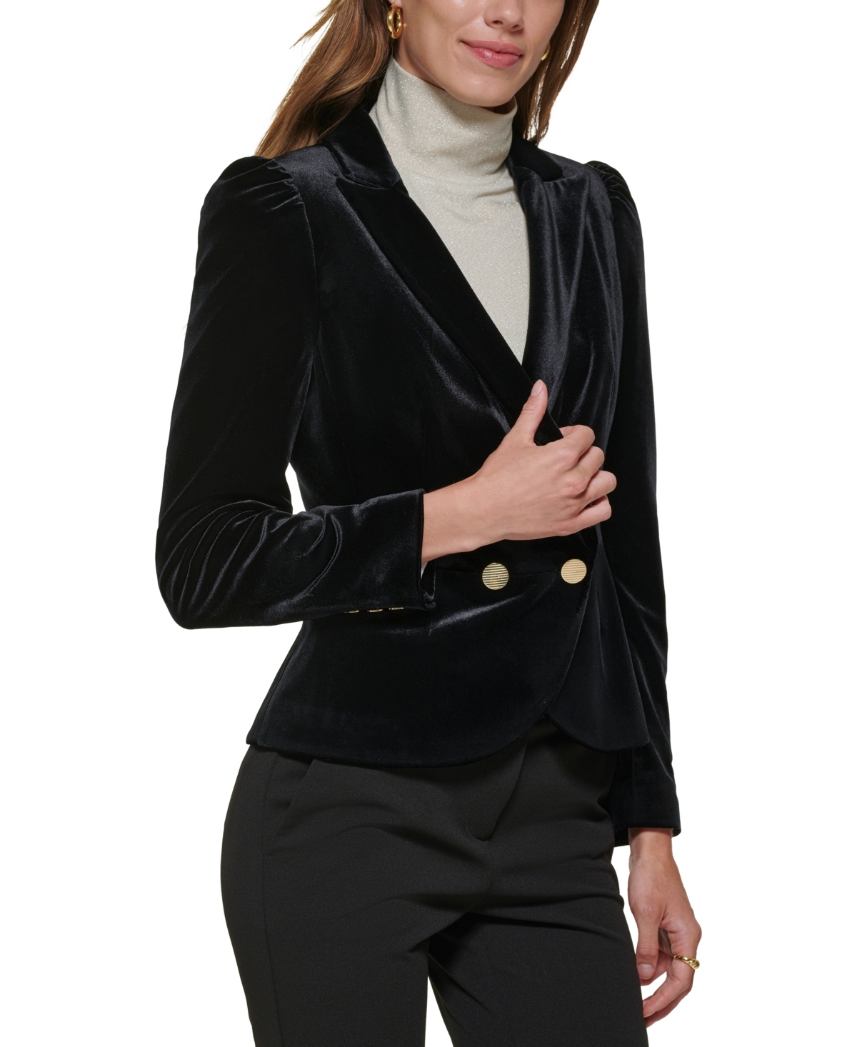 Dkny Petite Notch Collar Puff-sleeve Velvet Jacket In Black