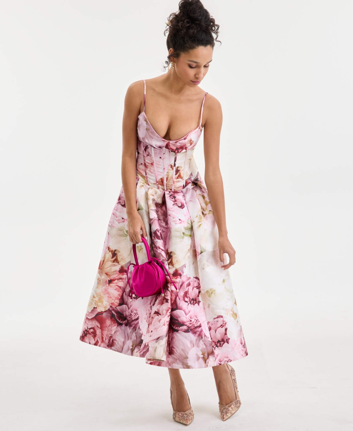 Katia Rae Juniors' Floral Print Corset Sleeveless Midi Dress