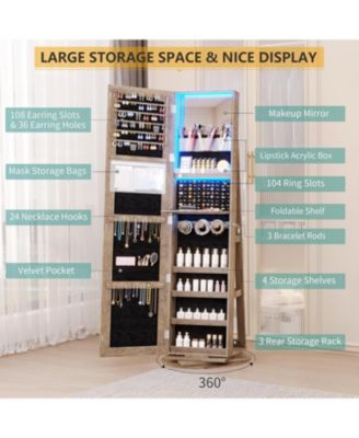 360&deg; Swivel Jewelry Full-Length Mirror Cabinet with Lights