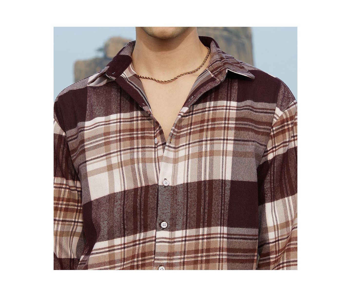 Мужская рубашка Cahoot Campus Sutra Mocha Brown Plaid Oversized, цвет: Коричневый — фото 7