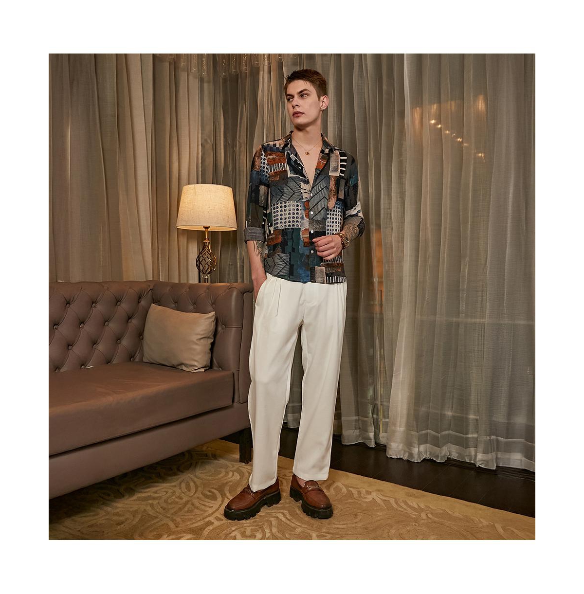 Campus Sutra Men's Indigo Blue & Coffee Brown Earthy-Abstract Shirt