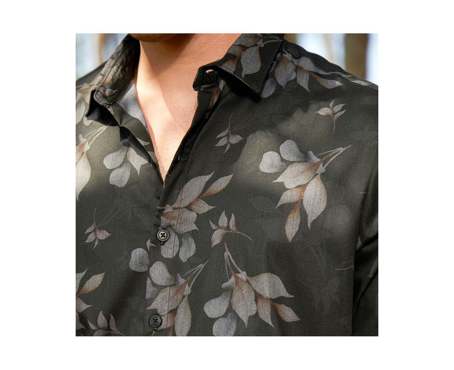Men's Charcoal Grey Stamped-Foliage Shirt