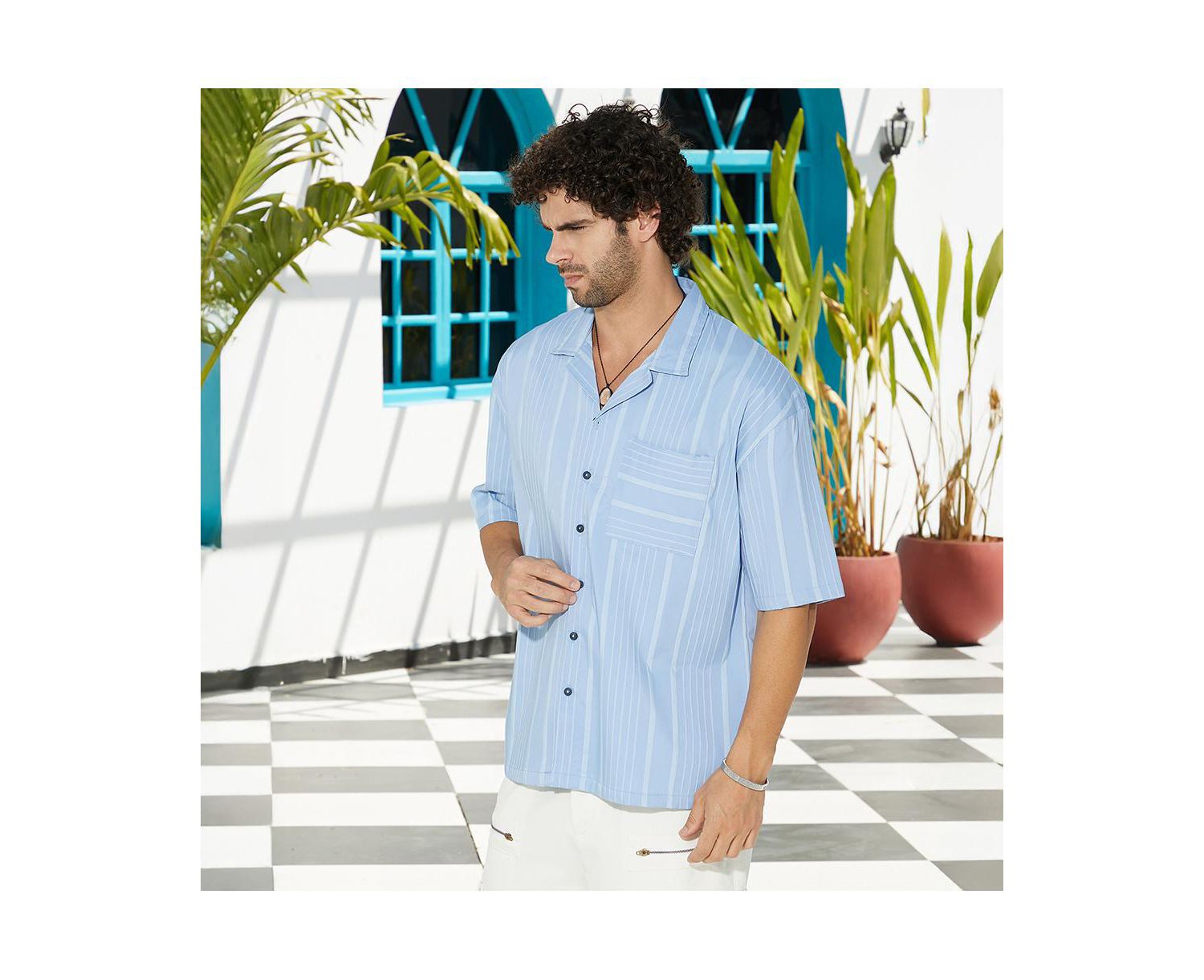 Men's Powder Blue Unbalanced-Ridge Oversized Shirt