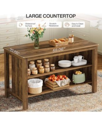 Kitchen Island with Storage, 59-Inch Large Farmhouse Stationary Island Table, Rustic Brown