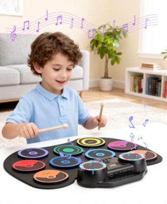 Colorful Roll-Up Electronic Drum Set with Flashing Lights, Dual Speakers & Headphone Jack for Kids