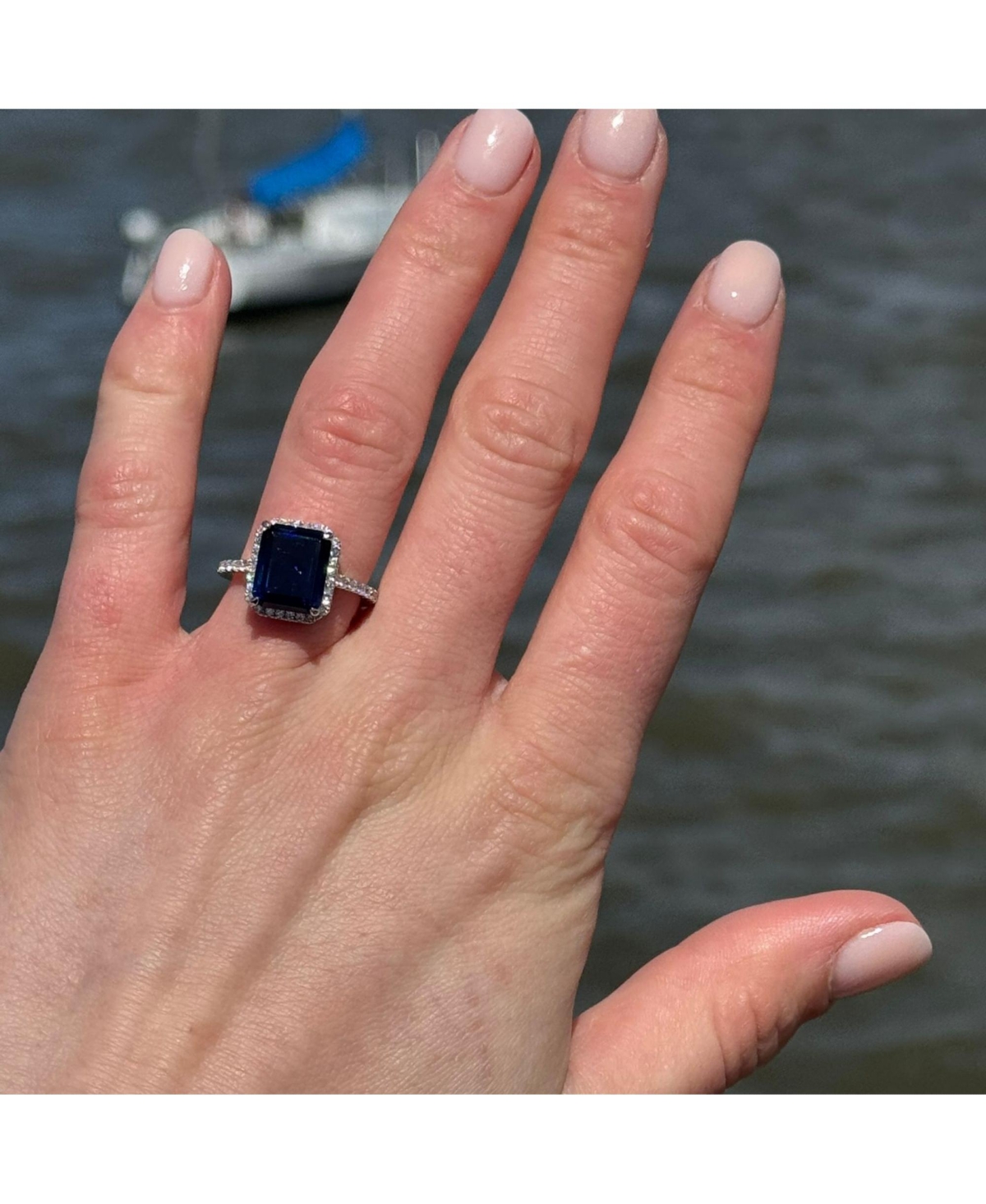 Suzy Levian Sterling Silver Large Emerald-Cut Cubic Zirconia Halo Ring