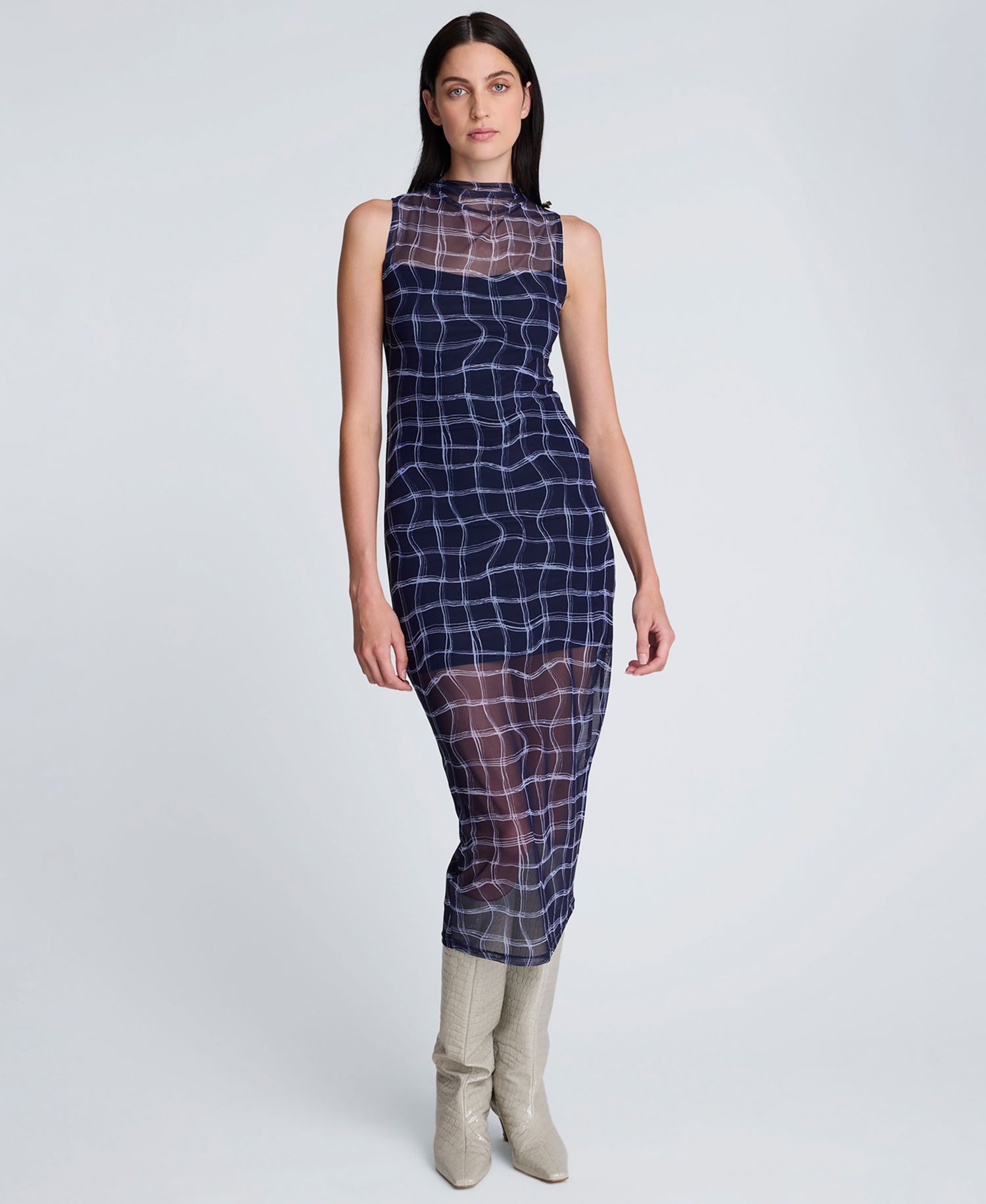Women's High Neck Mesh Midi Dress