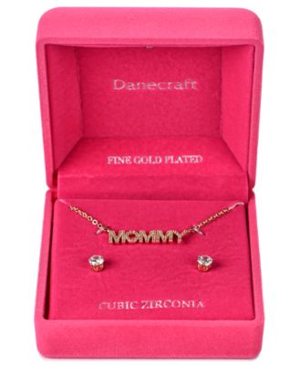 Gold-Tone "MOMMY" Cubic Zirconia Pendant Necklace and Stud Earrings Set