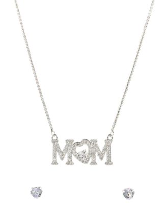 Silver-Tone "MOM" Cubic Zirconia Pendant Necklace and Stud Earrings Set