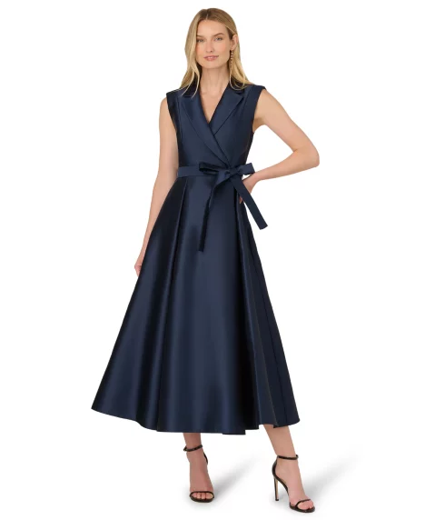 Petite Lapel Mikado Sleeveless Dress - Midnight