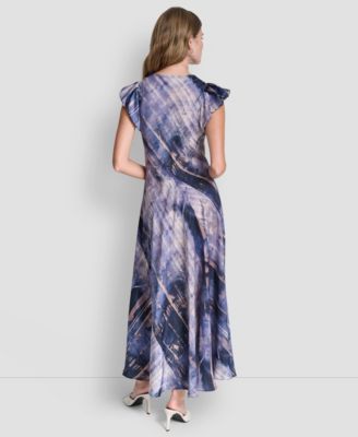Women's Puff-Sleeve Printed Satin Bias Cut Dress