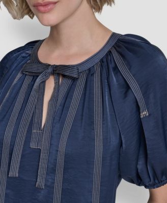Women's Puff-Sleeve Top Stitch Tie-Front Blouse