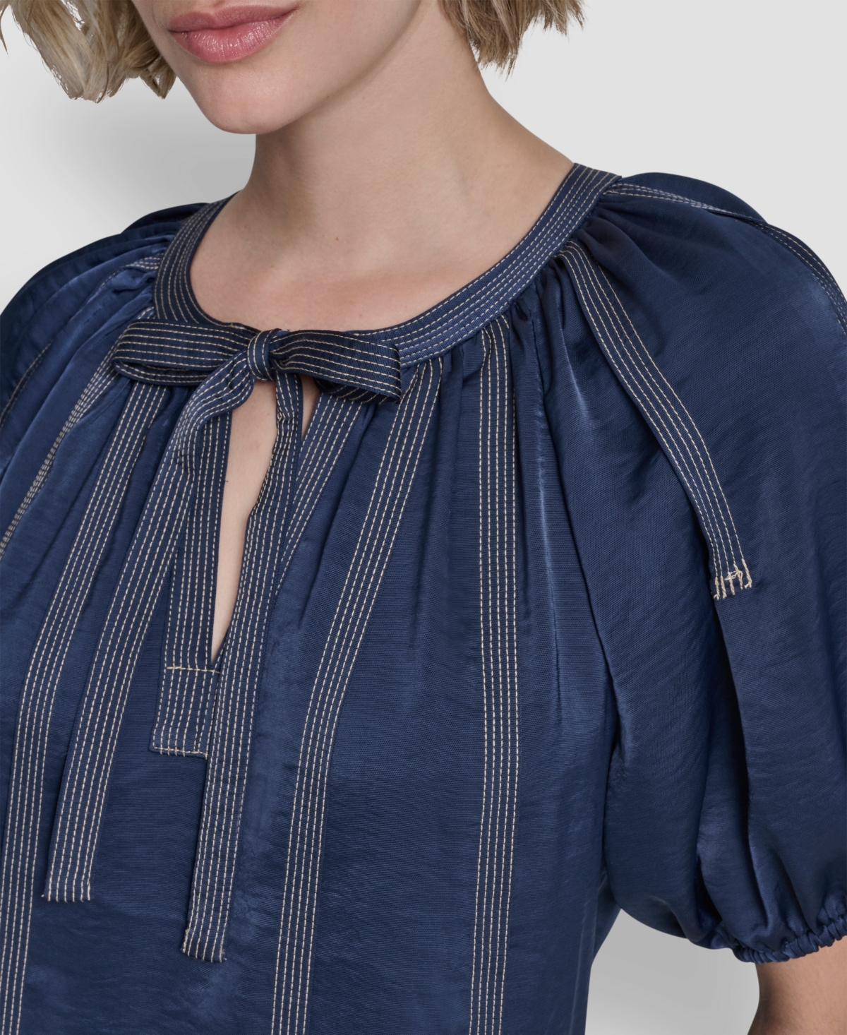 Dkny Women's Puff-sleeve Top Stitch Tie Front Blouse In Blue