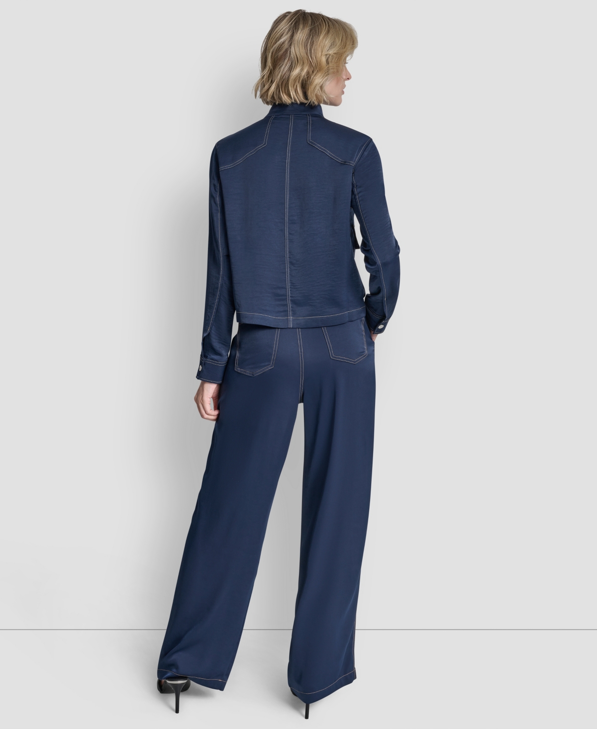 Dkny Women's Top Stitch Glazed High Mock Neck Dressing Jacket In Blue