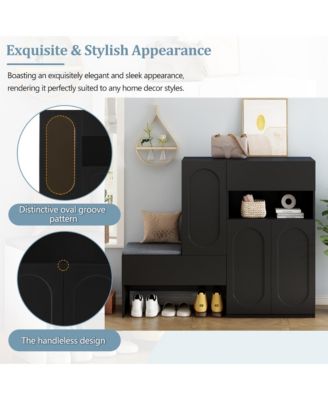 Shoe Storage Bench with Cushion Seat, Doors, and Shelves