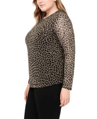 Plus Size Jaguar Mesh Scoop neck Long sleeve Top