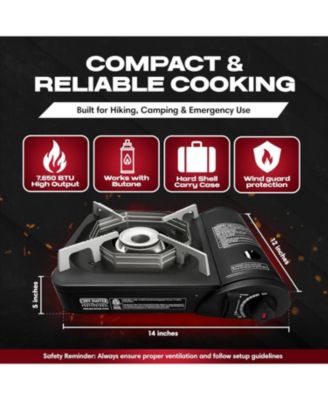 Portable Butane Camping Stove, Piezo Ignition 7,650 BTU Output, Wind-Guard Portable Stove Burner with Portable Carrying Case for Emergencies, Trips