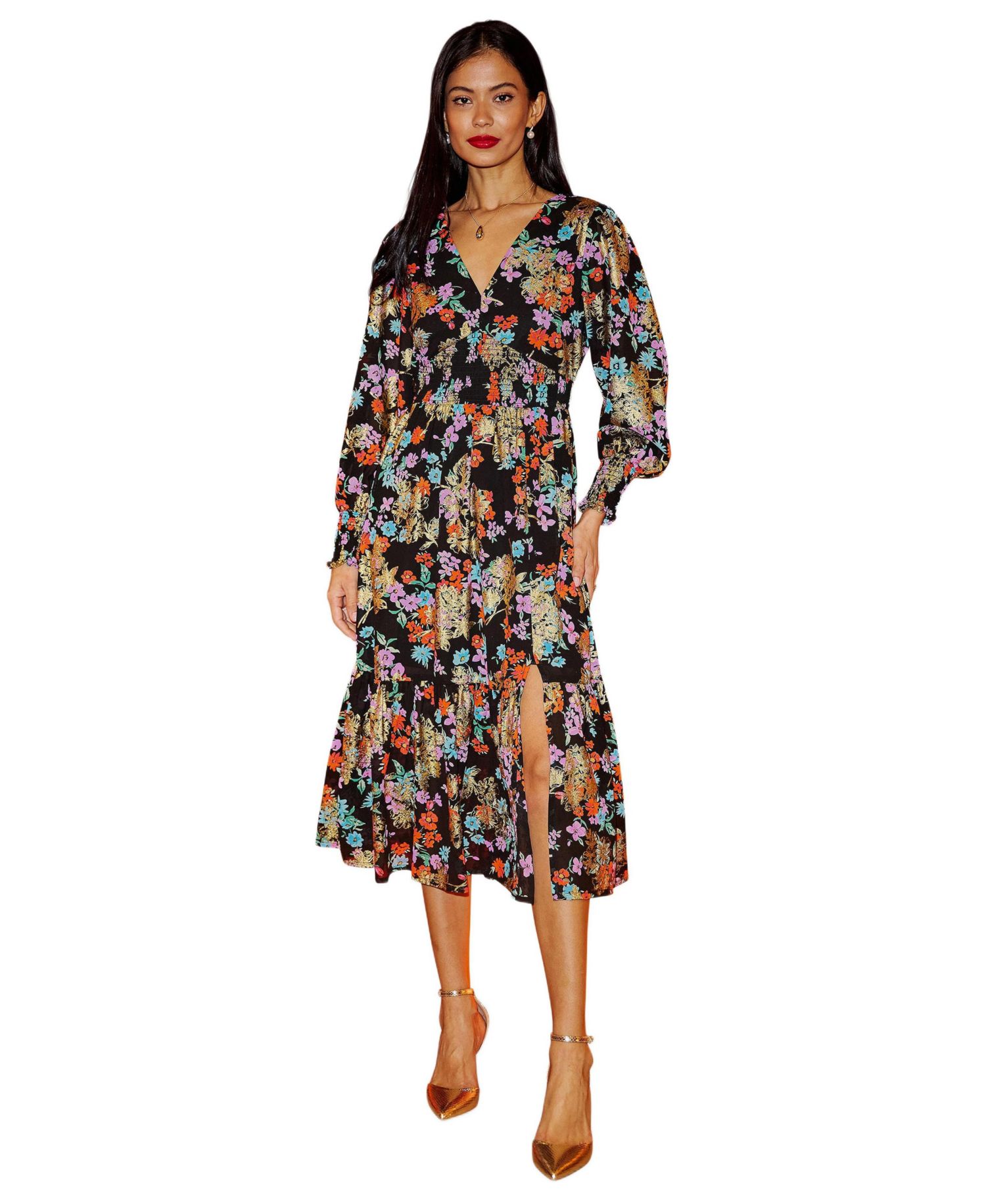 Women's Floral And Foil Ruched Midi Dress