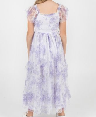 Girls 7-16 Clip Dot Mesh Smocked Bodice Dress