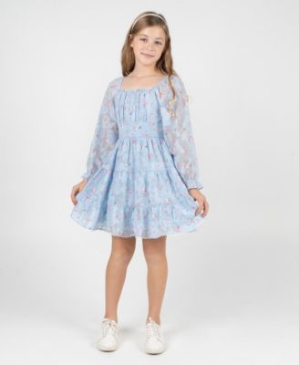 Girls 7-16 Floral Burnout Chiffon Long-Sleeve Dress