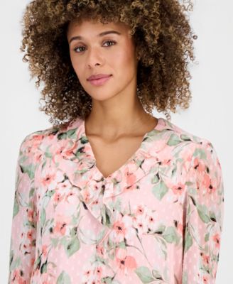 Women's Printed Clip Dot Ruffled Blouson-Sleeve Blouse