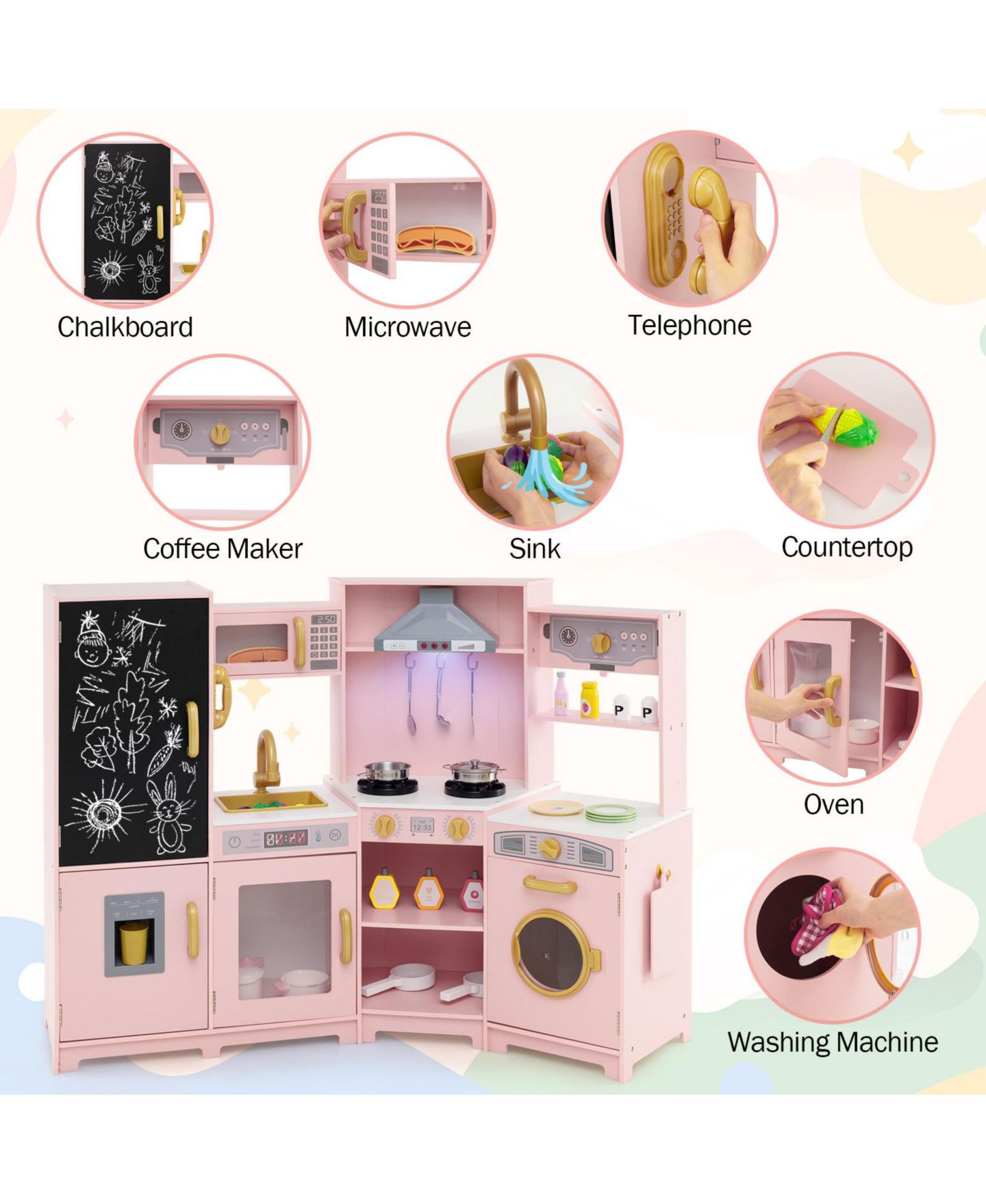 Детская игрушка Gymax Corner Kids Play Kitchen Wooden Pretend Toy Kitchen with Realistic Lights, цвет: Розовый — фото 7
