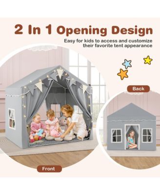3-4 Kids Large Play Tent House w/ 2 Opening Doors Star Lights & Plaid Pennants