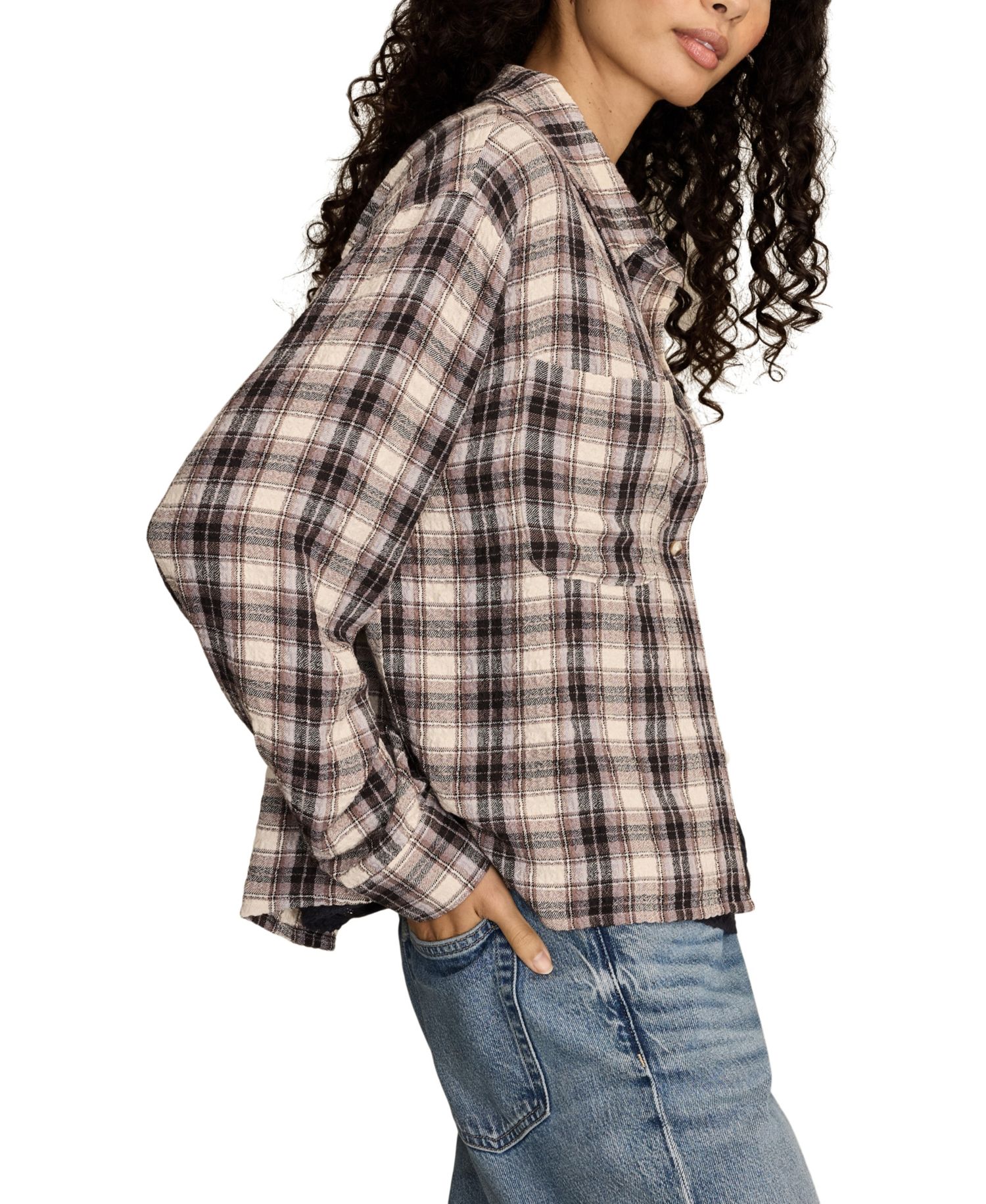 Women's Cropped Plaid Drapey Long-Sleeve Shirt