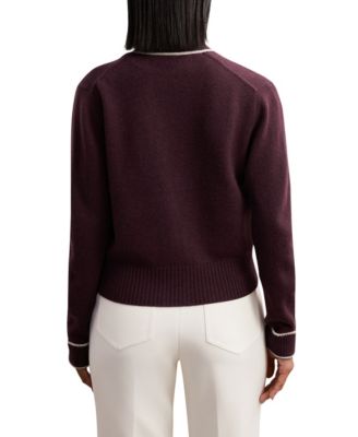 Women's Wool-Cashmere Tipped V-Neck Cardigan Sweater