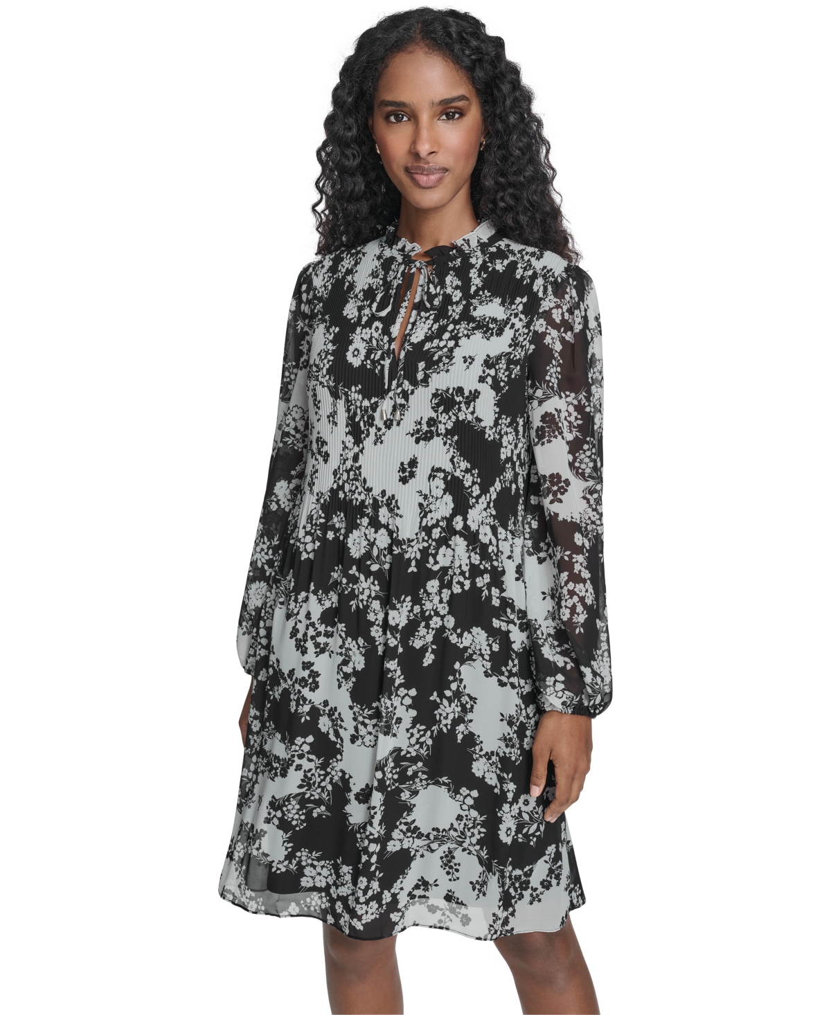 Jessica Howard Petite Printed Tie Split Neck Pleated Bodice Dress