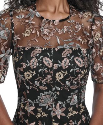 Petite Printed Elbow Sleeve Fit & Flare Dress