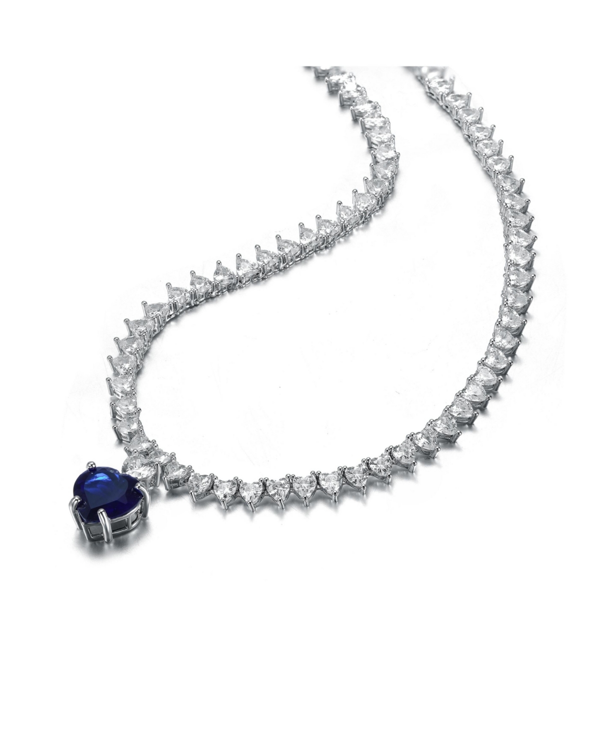 Luxurious White Gold Plated Heart Tennis Necklace with Blue Heart Charm