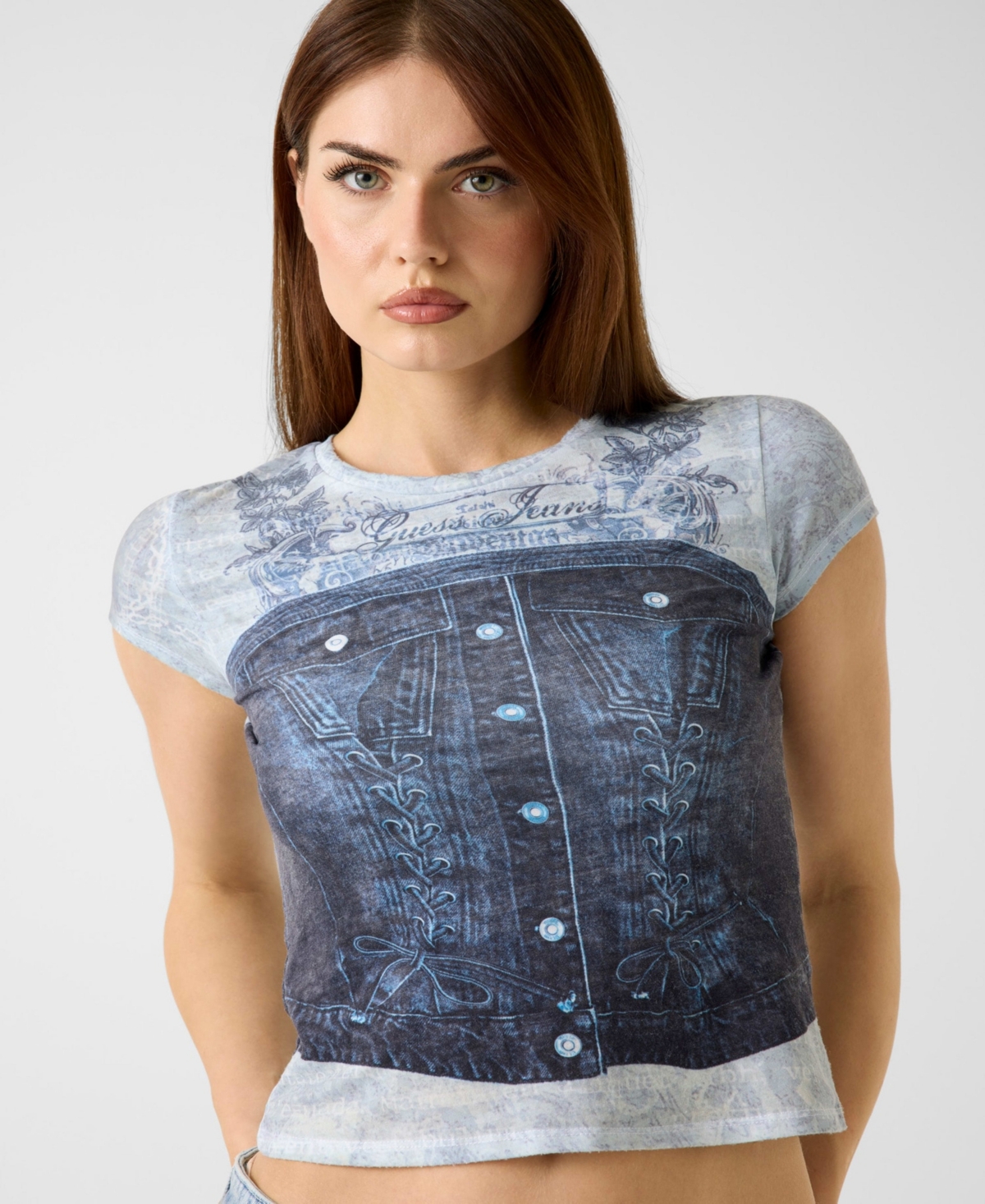 Guess Women's Short-Sleeve Denim Bustier R5 Sub Top