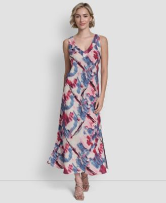 Women's Sleeveless V-Neck Panel Printed Dress