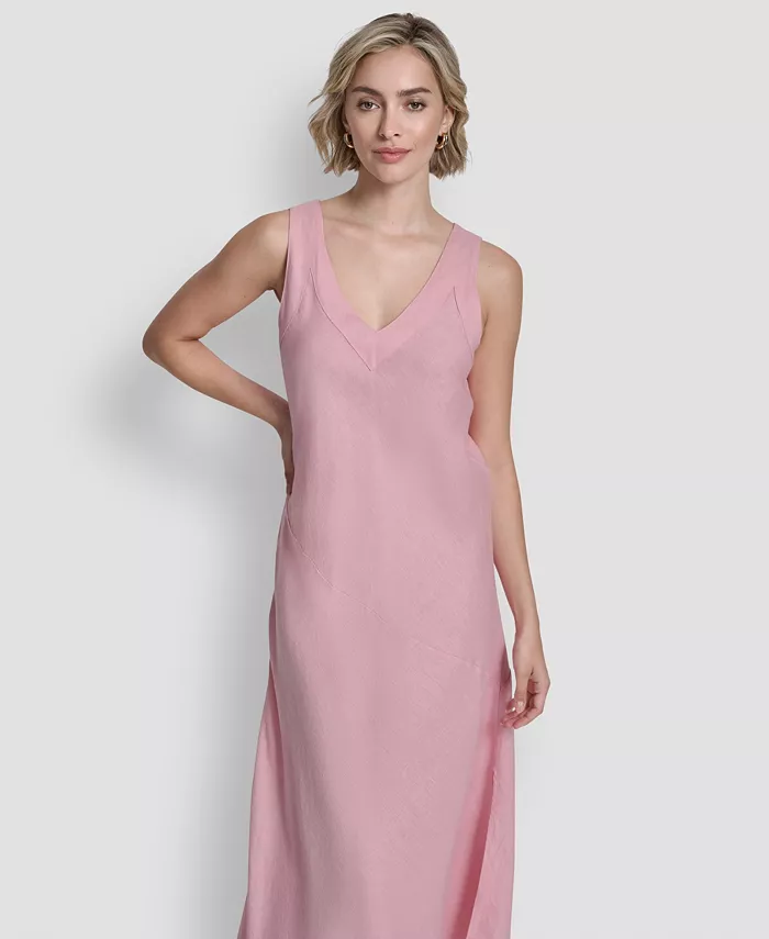 Women's Linen Panelled V-Neck Midi Dress - thumbnail 5