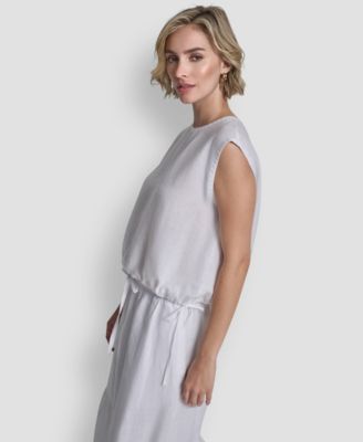 Women's 100% Linen Drawstring Hem Sleeveless Top