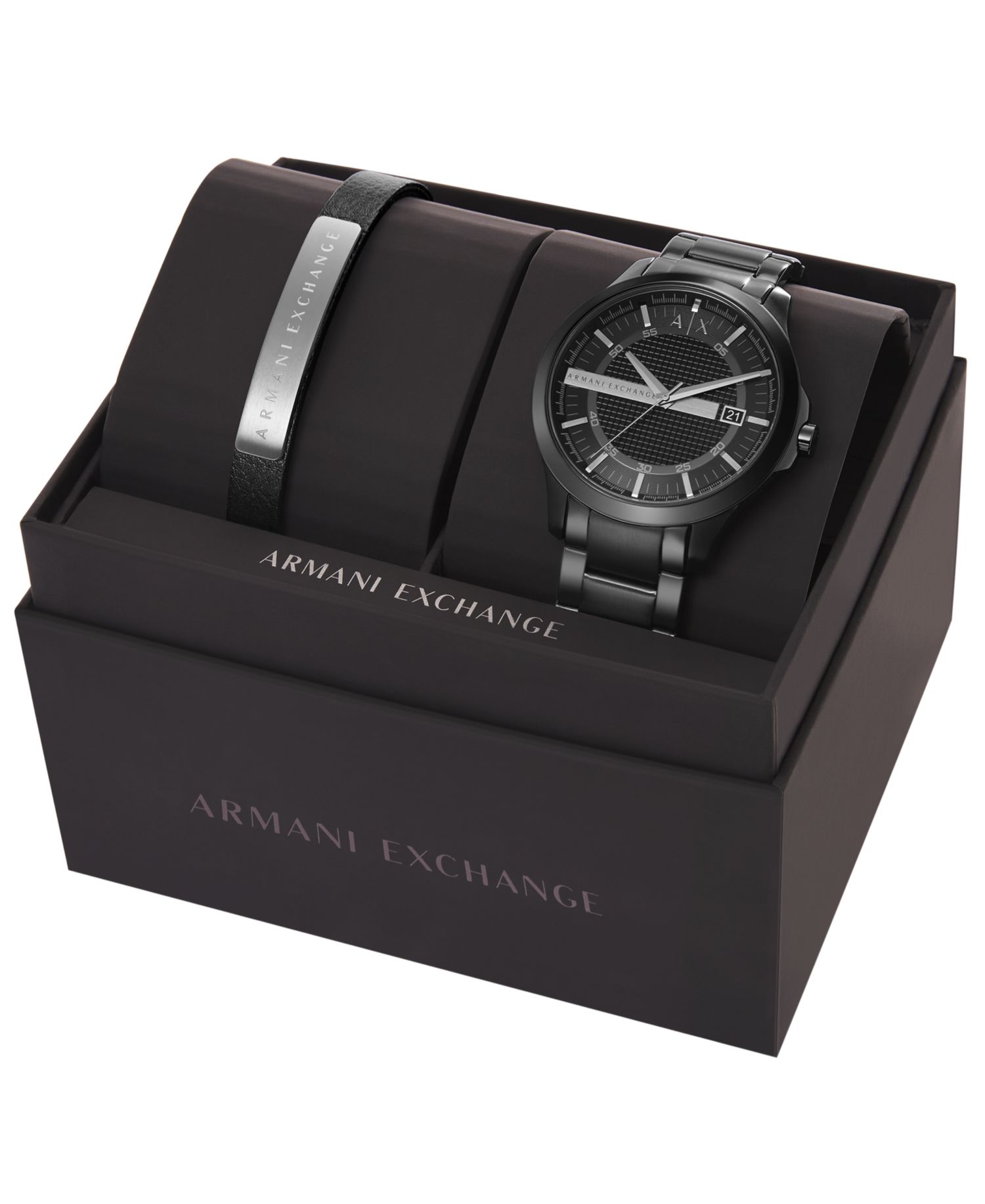 Men's Black Stainless Steel Bracelet Watch Gift Set 46mm