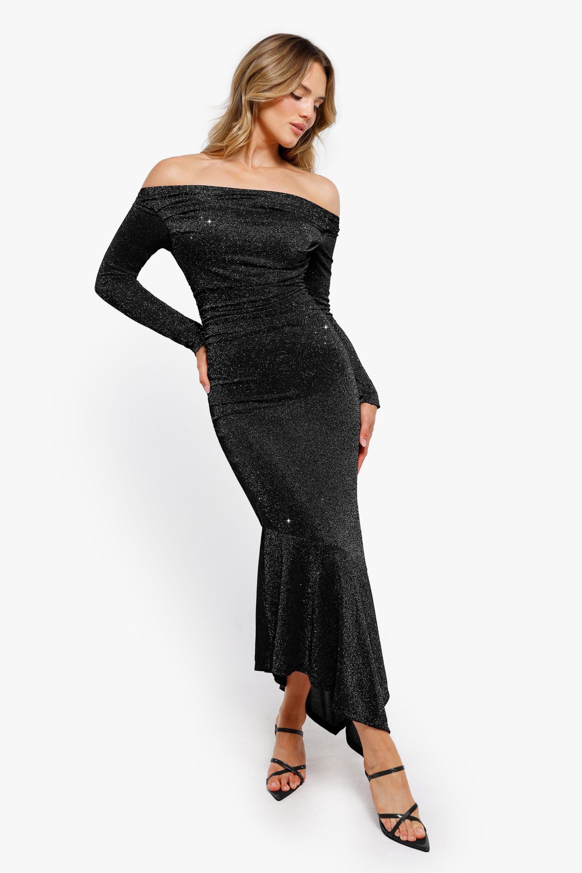 Popilush Women's Shapewear Metallic Knit Long Sleeve Slim Mermaid Maxi Dress
