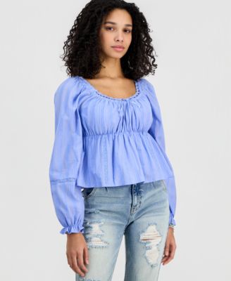 Juniors' Long-Sleeve Woven Peasant Top