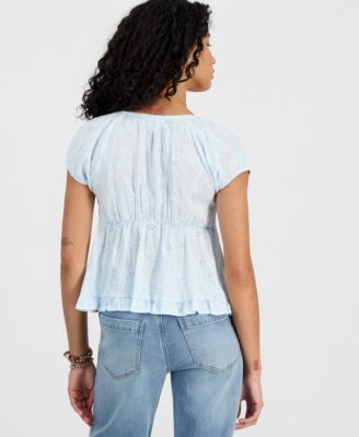 Juniors' Short-Sleeve Embroidered Sweetheart-Neck Babydoll Top