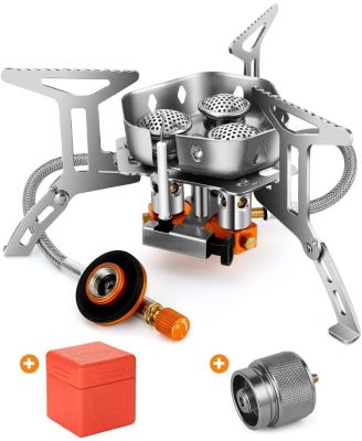6800W Windproof Camp Stove Camping Gas Stove with Fuel Canister Adapter, Piezo Ignition, Carry Case, Portable Collapsible Stove Burner for Outdoor