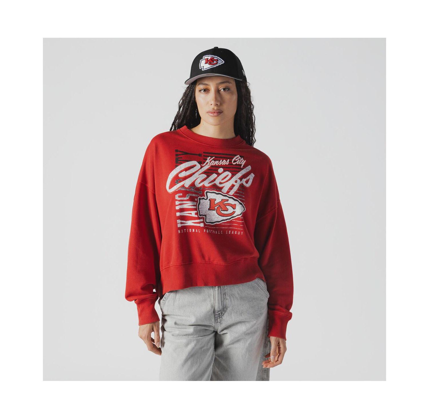 Women's Red Kansas City Chiefs Oversized Throwback Mineral Wash Crew Neck Sweatshirt