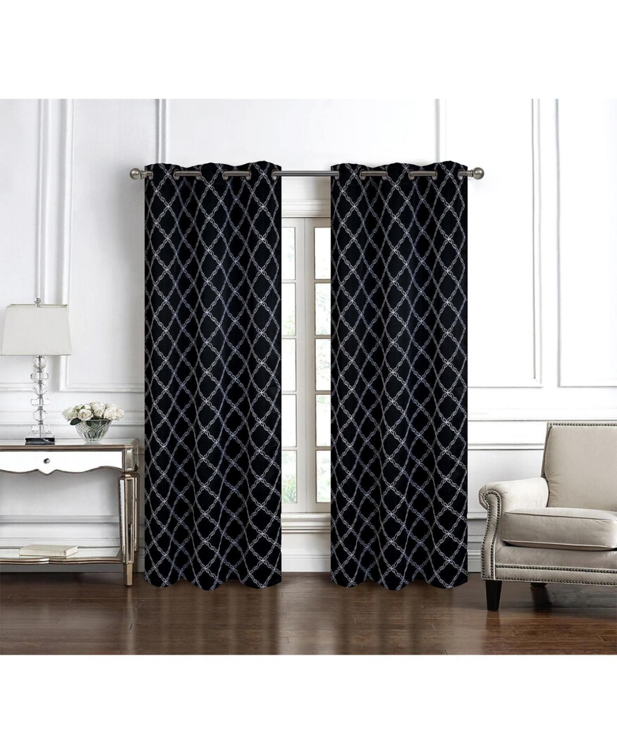 Rt Designer Collection Gable Embroidered Blackout Luxurious Decorative Grommet Curtain Panel 54" x Black
