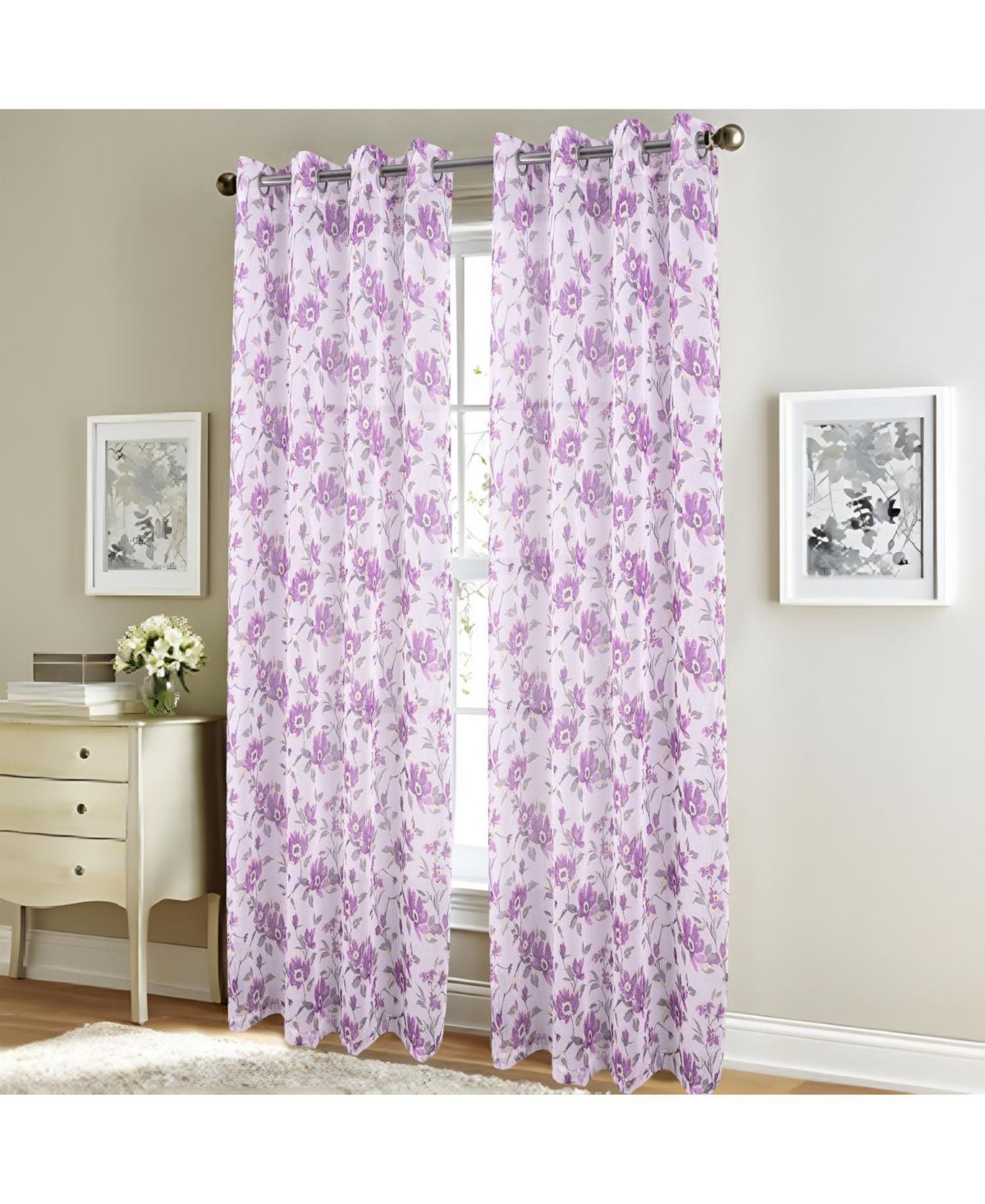 Rt Designers Collection Meadow Grommet Metallic Sheer Printed Doily Curtain Panel 54" x 95" Lilac