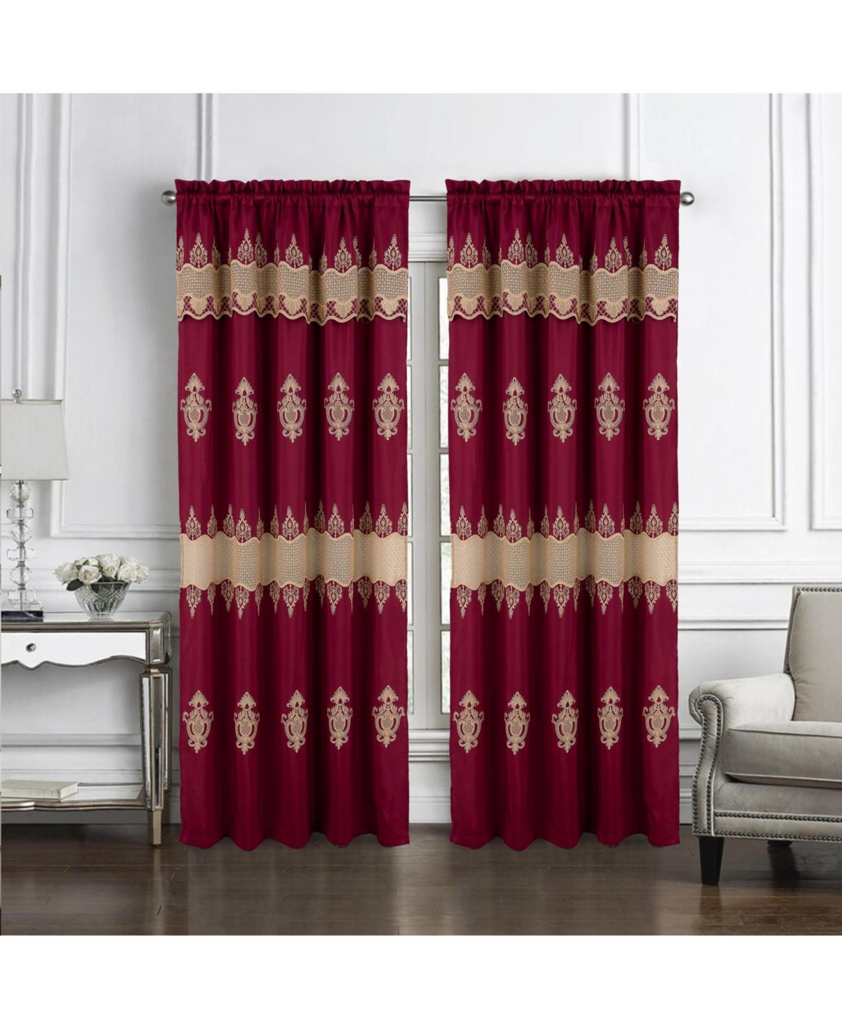 Rt Designers Collection Debbie Macrame Construction 3" Rod Pocket Curtain Panel 54" x 90" Burg/Gold