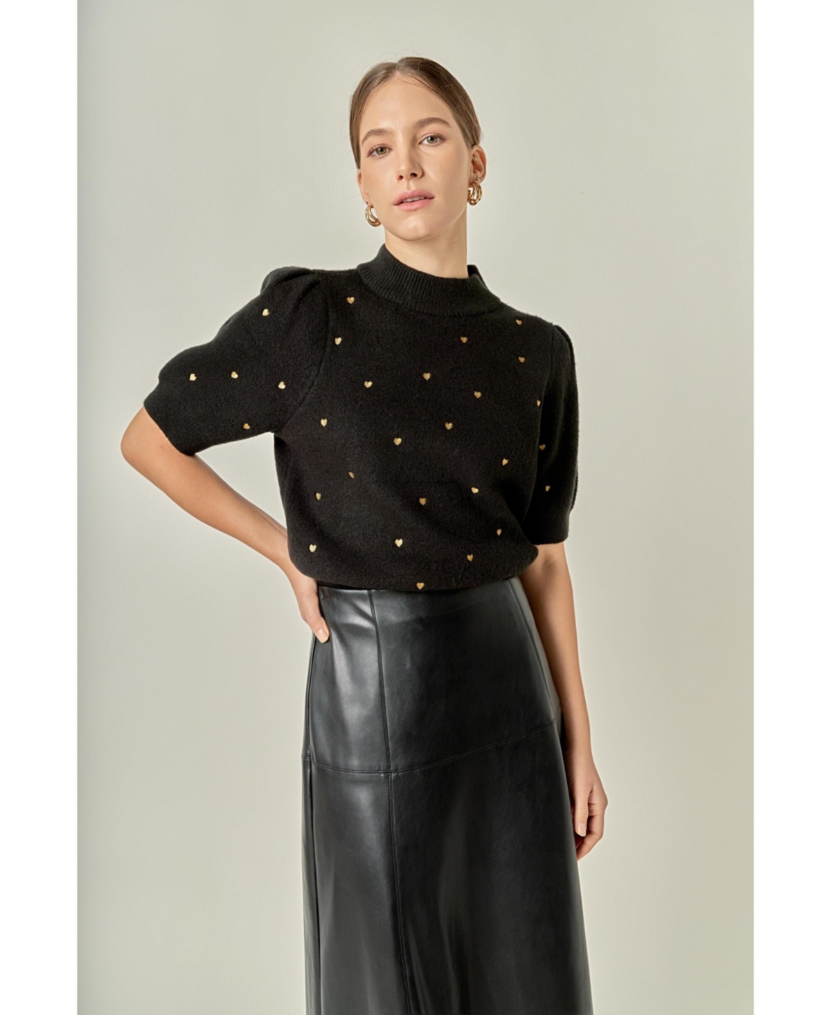 English Factory Women's Heart Women's-Embroidered Puff Sleeve Knit